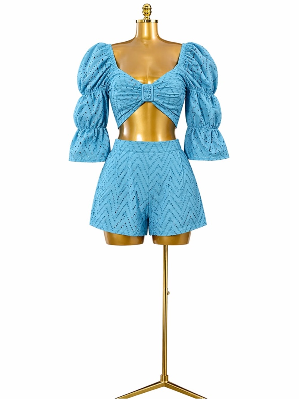 Blue Eyelet Puff-Sleeve Crop Top & High-Waist Shorts Set